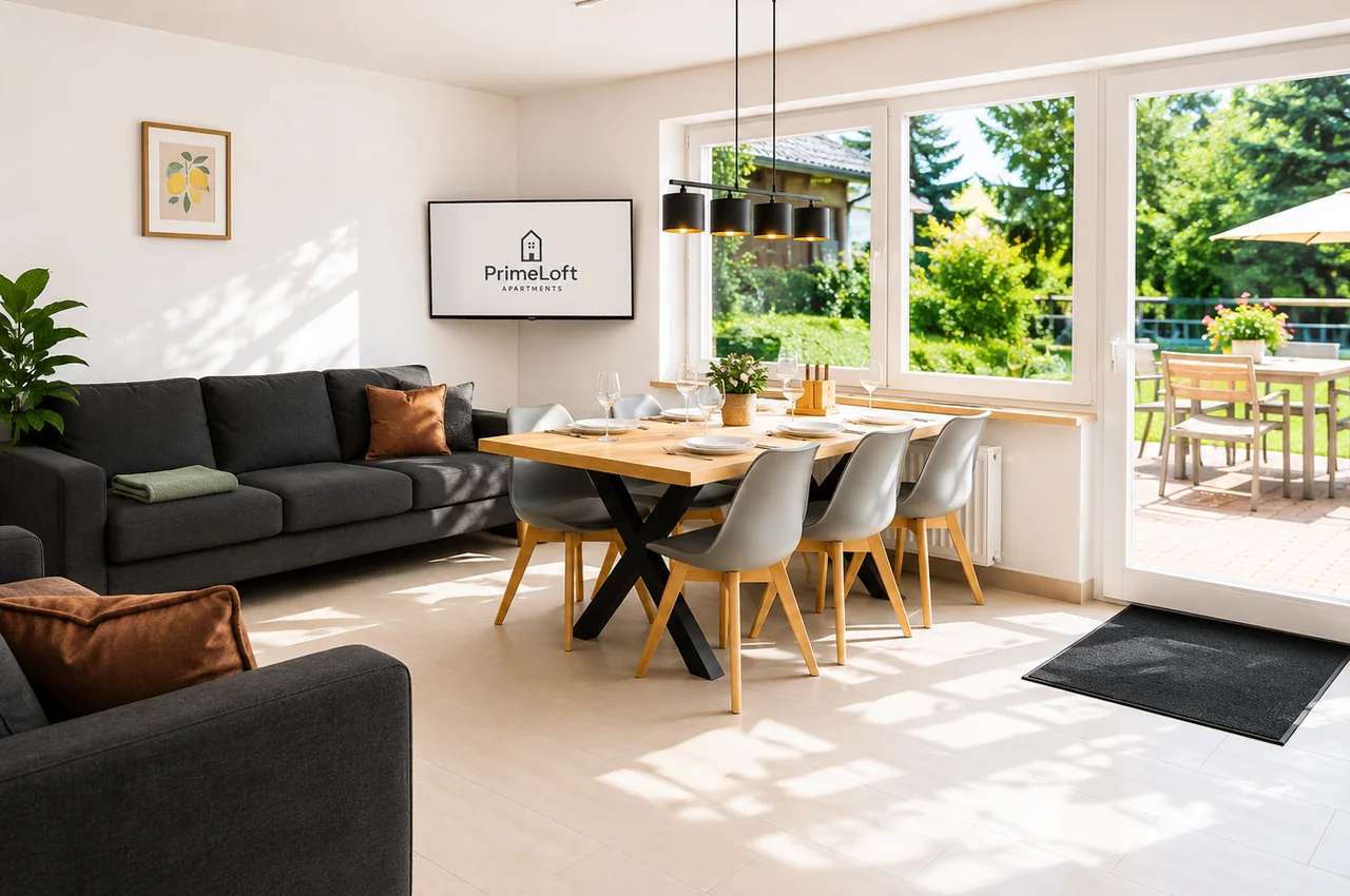 Modernes Erdgeschoss-Apartment für 6 Gäste mit privatem Eingang, direktem Gartenzugang, großer Terrasse und eigenem Parkplatz.