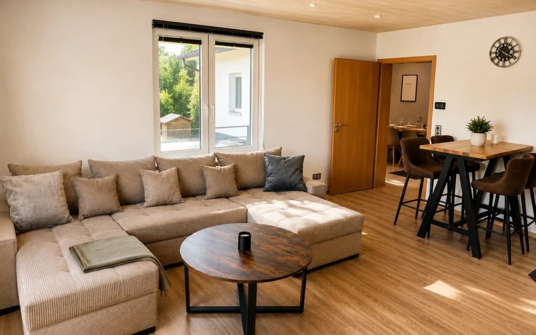 Stilvolles Apartment für 6 Gäste mit privater Sonnenterrasse, Whirlpool-Badewanne und Wellness-Dusche direkt am Kurpark.