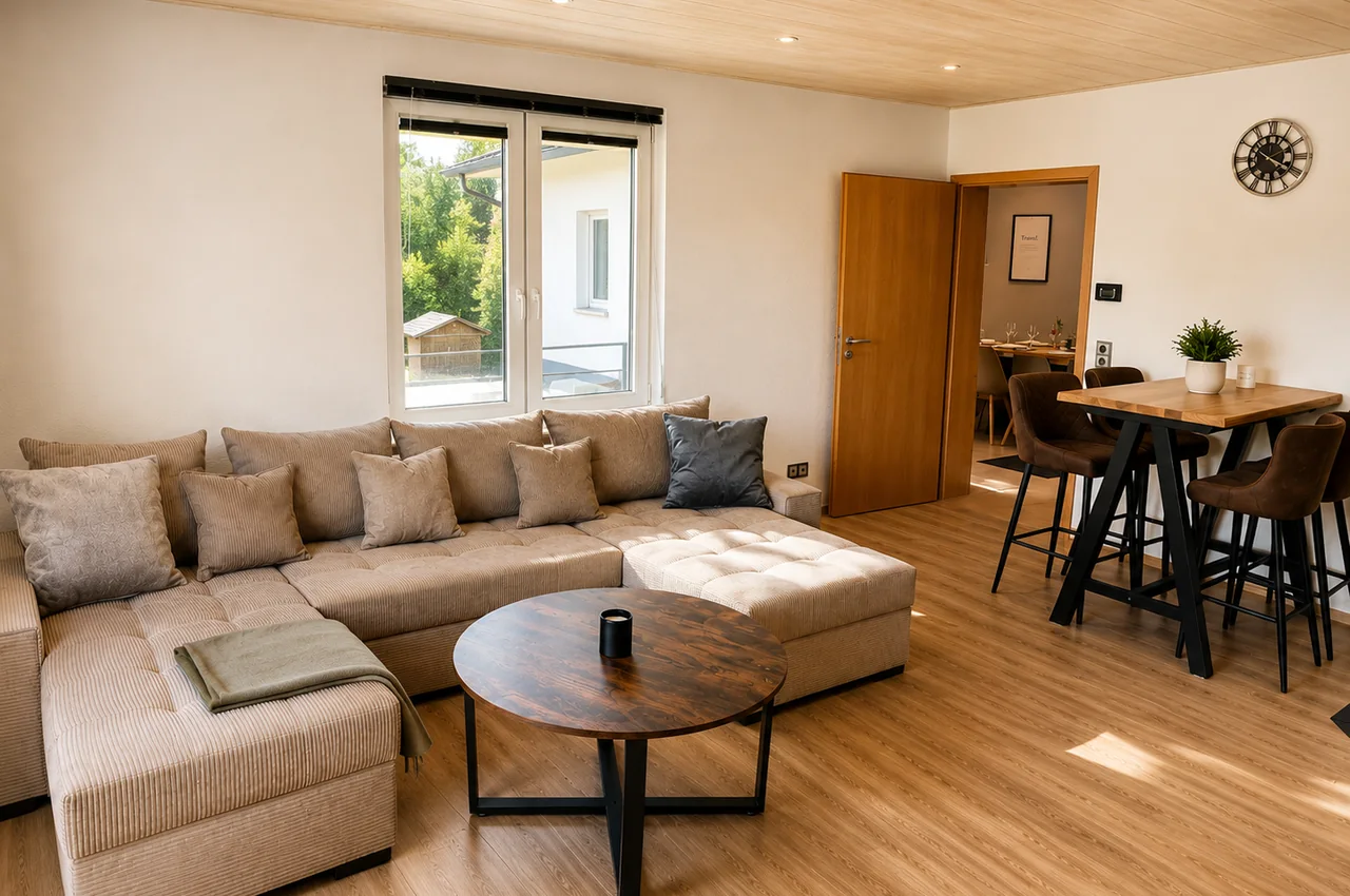 Stilvolles Apartment für 6 Gäste mit privater Sonnenterrasse, Whirlpool-Badewanne und Wellness-Dusche direkt am Kurpark.