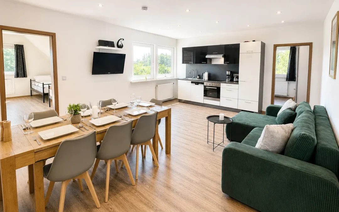 100 m² großes Apartment für bis zu 10 Gäste mit drei Schlafzimmern und zwei Bädern – ideal für Familien und Gruppen im Harz.
