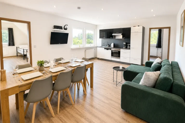 100 m² großes Apartment für bis zu 10 Gäste mit drei Schlafzimmern und zwei Bädern – ideal für Familien und Gruppen im Harz.