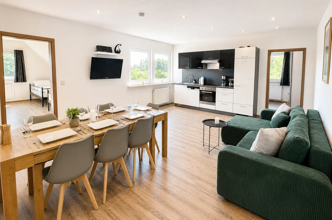 100 m² großes Apartment für bis zu 10 Gäste mit drei Schlafzimmern und zwei Bädern – ideal für Familien und Gruppen im Harz.